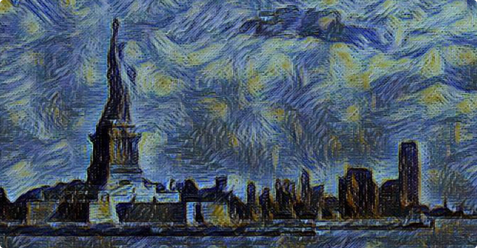 transformer la photo de la statue de la Liberté en un dessin de style Van Gogh