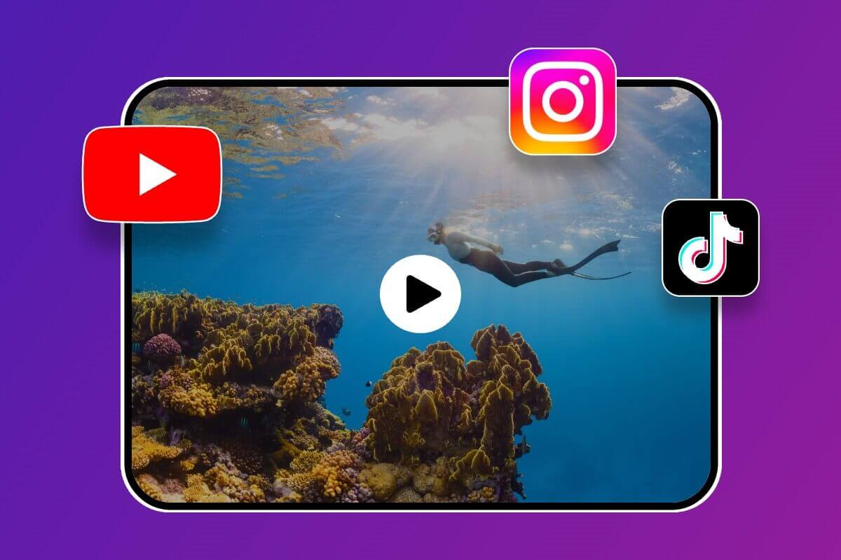 Video HD penyelaman bawah air dengan ikon Instagram YouTube dan TikTok terpasang